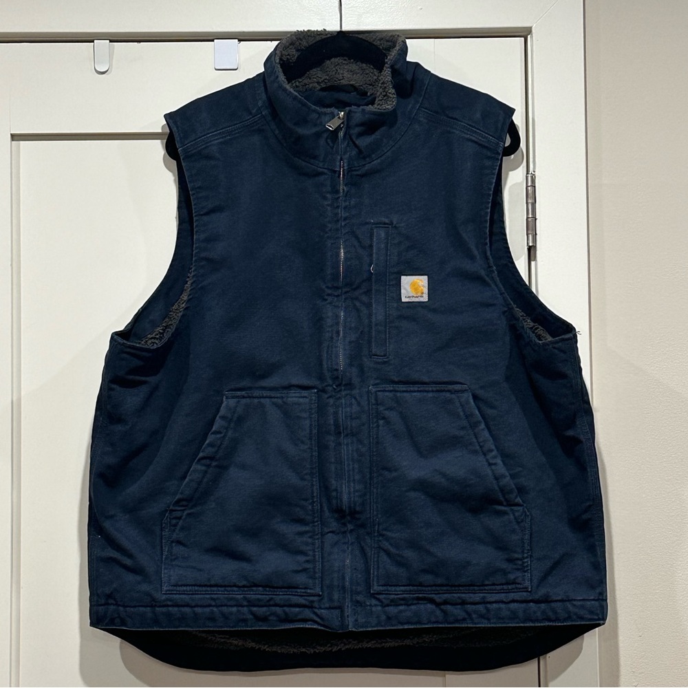 Carhartt Men’s Loose Fit Mock-Neck Sherpa Lined Vest (Navy - Men’s Large)